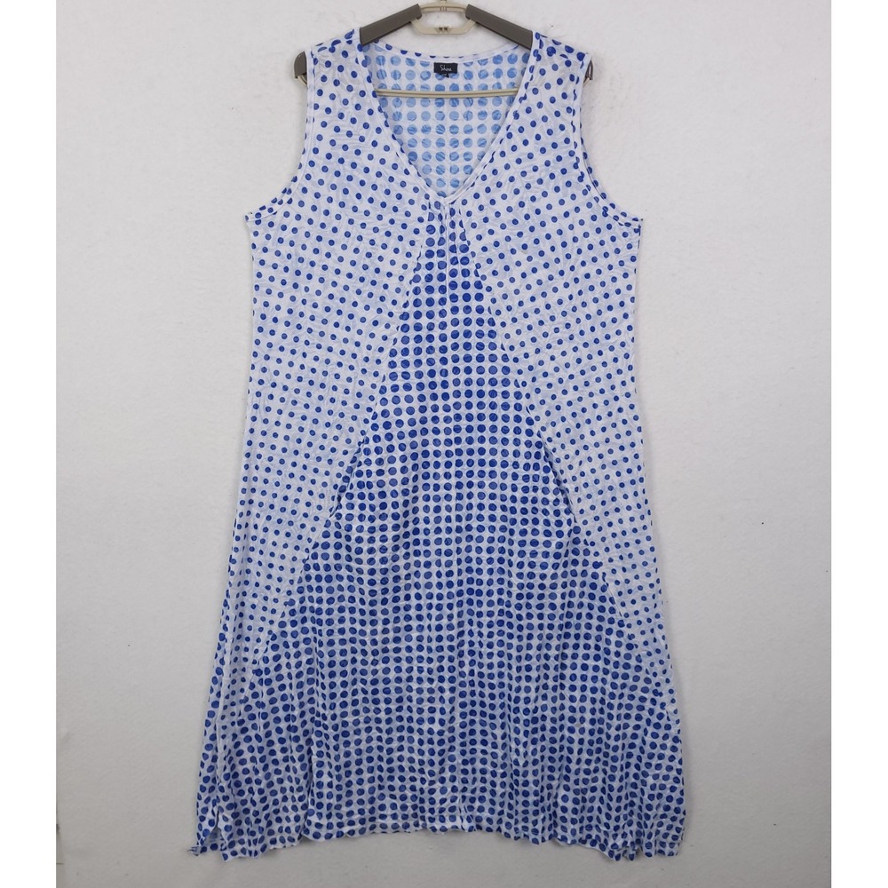 Shana Polka Dot Midi Dress Womens Medium Blue White V-Neck Sleeveless Summer